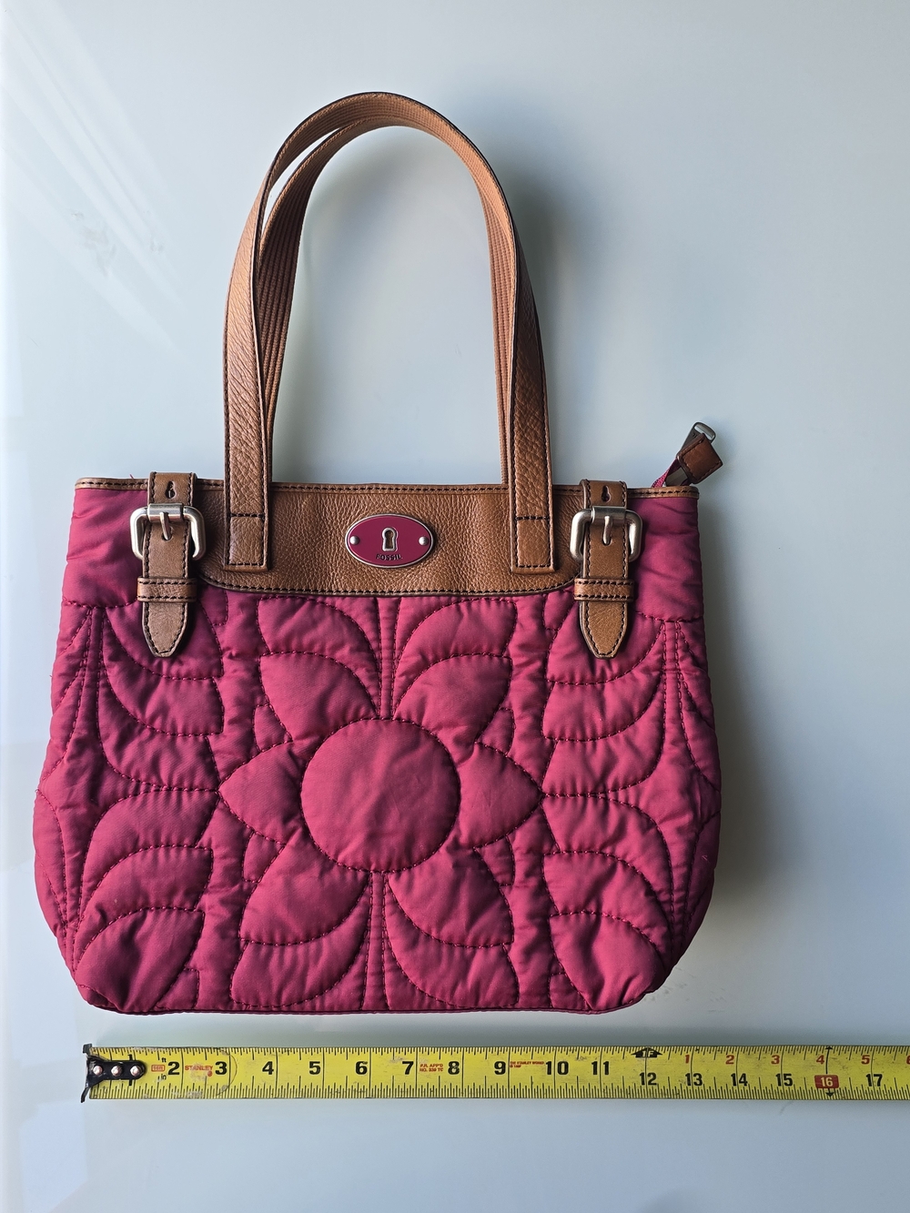 Fossil Key-Per Quilted Flower Tote Vibrant Magenta Y2K Aesthetic
